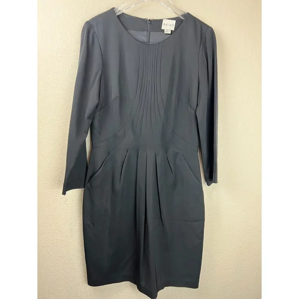 Reiss Sheath‎ Dress Pleated Front Black Pockets 6 Career Work Funeral